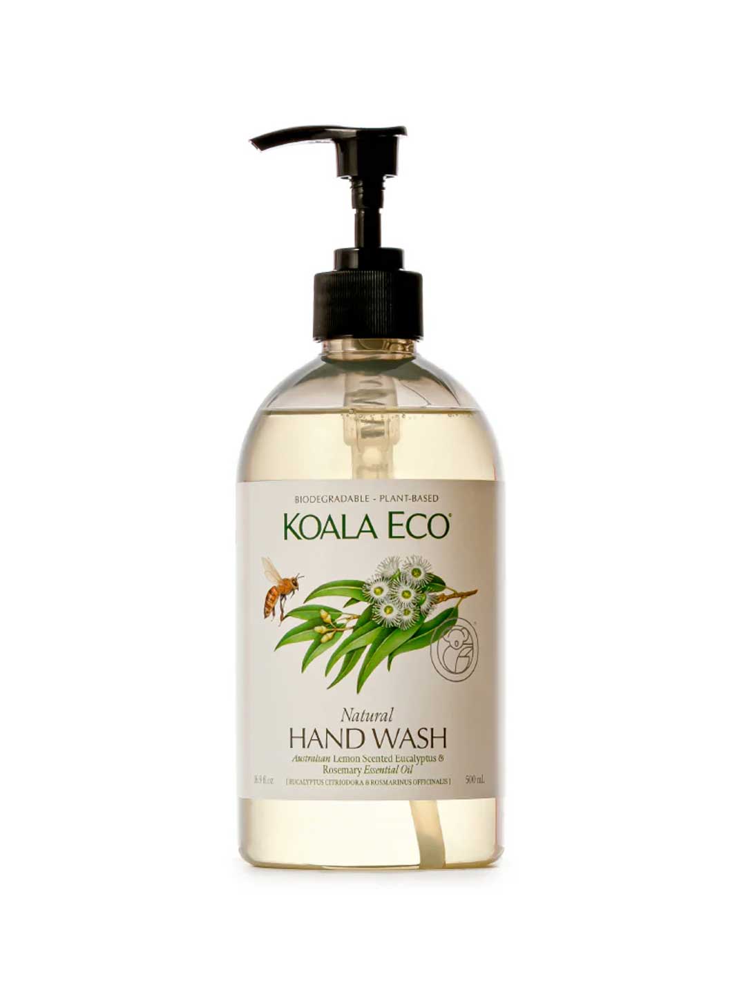 Koala Eco Hand Wash Lemon Scented Eucalyptus & Rosemary 500ml comes in a clear bottle with a black pump and illustrated label featuring eucalyptus leaves, flowers, and a bee. Proudly Australian Made.