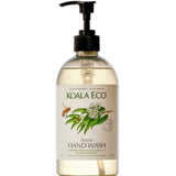 Koala Eco Hand Wash Lemon Scented Eucalyptus & Rosemary 500ml comes in a clear bottle with a black pump and illustrated label featuring eucalyptus leaves, flowers, and a bee. Proudly Australian Made.