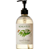 Koala Eco Hand Wash Rosalina & Peppermint 500ml comes in a clear pump bottle with a label showing eucalyptus leaves, white flowers, and a bee. This Australian-made liquid soap is infused with natural Rosalina and Peppermint.