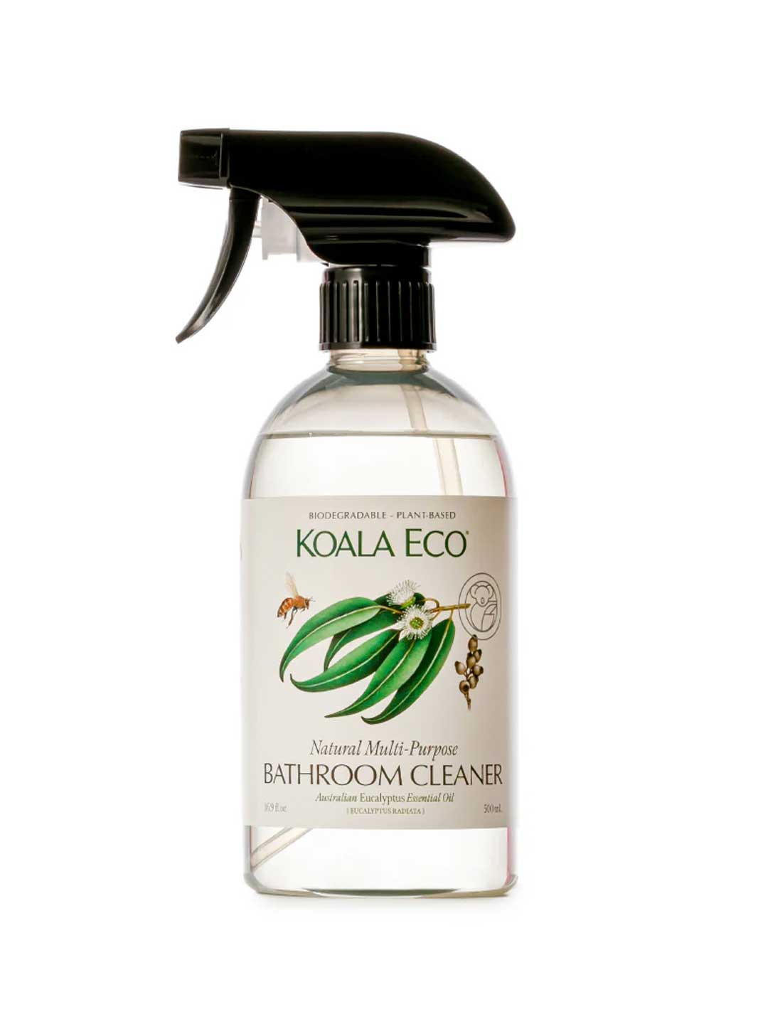 A clear spray bottle of Koala Eco Multi-Purpose Bathroom Cleaner Eucalyptus 500ml with a black trigger nozzle and a label showing eucalyptus leaves and a bee. This plant-based cleaner is effective and eco-friendly for bathroom use.
