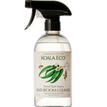 A clear spray bottle of Koala Eco Multi-Purpose Bathroom Cleaner Eucalyptus 500ml with a black trigger nozzle and a label showing eucalyptus leaves and a bee. This plant-based cleaner is effective and eco-friendly for bathroom use.
