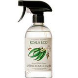 A clear spray bottle of Koala Eco Multi-Purpose Bathroom Cleaner Eucalyptus 500ml with a black trigger nozzle and a label showing eucalyptus leaves and a bee. This plant-based cleaner is effective and eco-friendly for bathroom use.