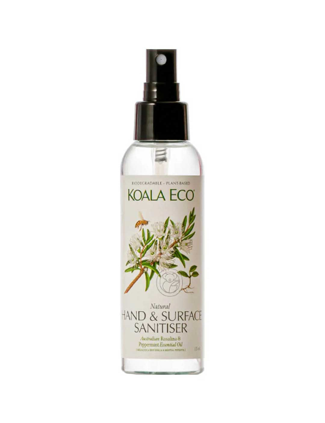A clear spray bottle labeled Koala Eco Natural Hand & Surface Sanitiser Rosalina & Peppermint 125ml, featuring botanical illustrations, a black nozzle, and a biodegradable formula with rosalina and peppermint essential oils.