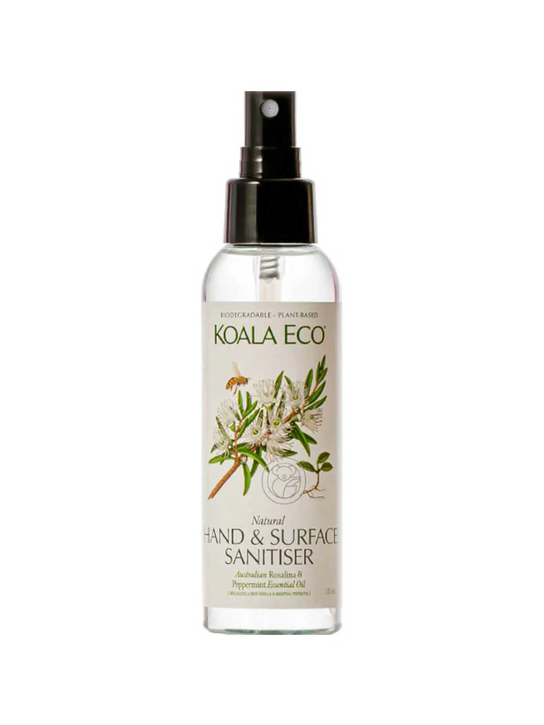 A clear spray bottle labeled Koala Eco Natural Hand & Surface Sanitiser Rosalina & Peppermint 125ml, featuring botanical illustrations, a black nozzle, and a biodegradable formula with rosalina and peppermint essential oils.