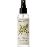A clear spray bottle labeled Koala Eco Natural Hand & Surface Sanitiser Rosalina & Peppermint 125ml, featuring botanical illustrations, a black nozzle, and a biodegradable formula with rosalina and peppermint essential oils.