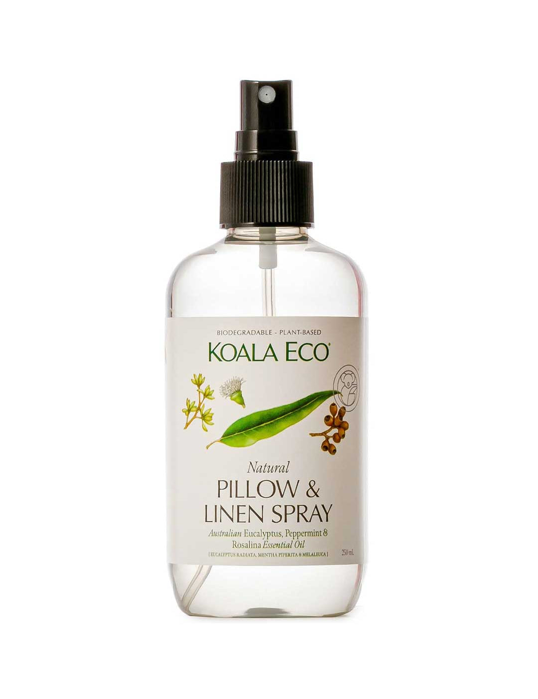 A clear spray bottle labeled Koala Eco Pillow and Linen Spray Rosalina, Peppermint & Eucalyptus 250ml, with eucalyptus and peppermint illustrations, a black nozzle, and an eco-friendly formula for freshening linens.
