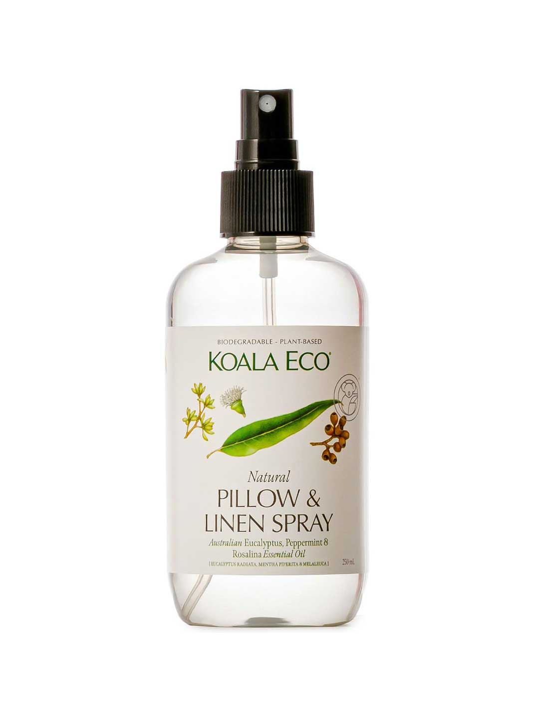 A clear spray bottle labeled Koala Eco Pillow and Linen Spray Rosalina, Peppermint & Eucalyptus 250ml, with eucalyptus and peppermint illustrations, a black nozzle, and an eco-friendly formula for freshening linens.