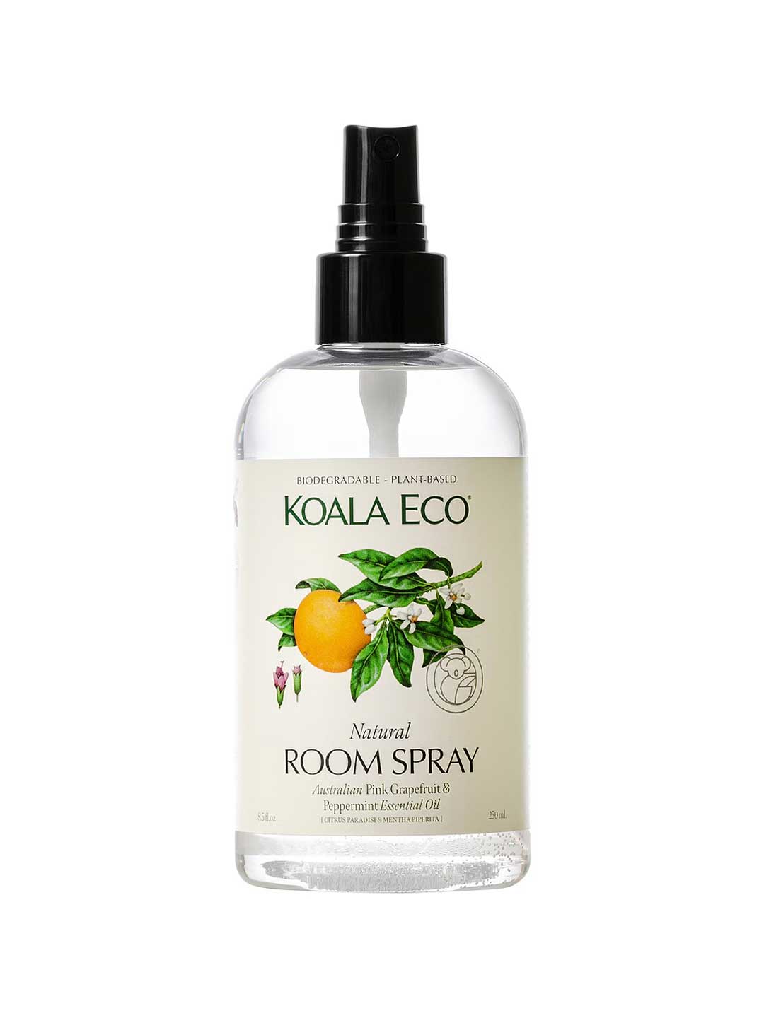 Koala Eco Room Spray Pink Grapefruit & Peppermint 250ml comes in a clear bottle with a black nozzle and an illustrated label. This plant-based, biodegradable spray refreshes any space with natural scents.