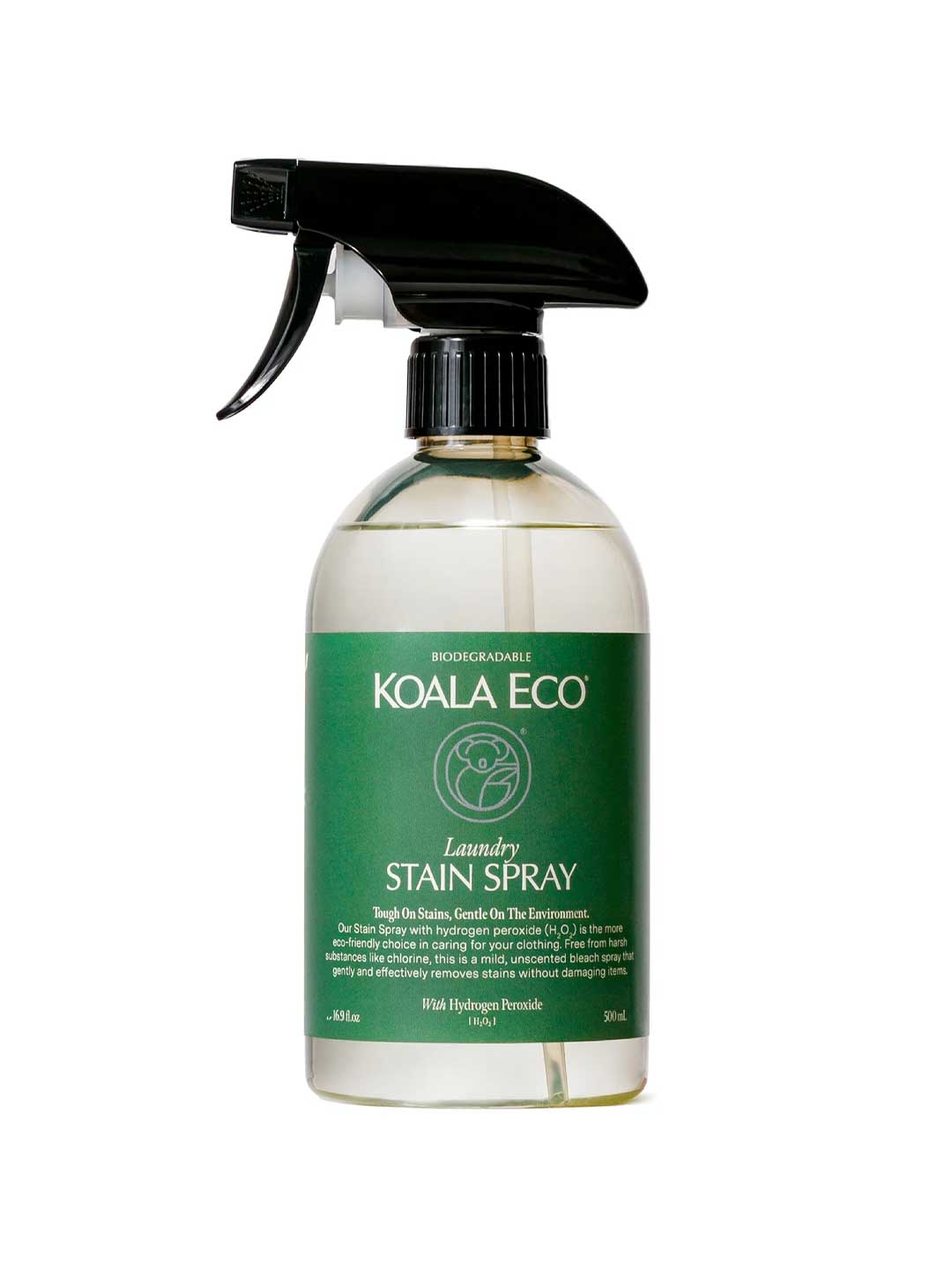 The Koala Eco Stain Spray 500ml is a clear spray bottle with a black trigger and green label, offering an eco-friendly, non-toxic solution for removing laundry stains.