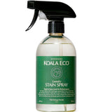 The Koala Eco Stain Spray 500ml is a clear spray bottle with a black trigger and green label, offering an eco-friendly, non-toxic solution for removing laundry stains.