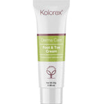 A white tube of Kolorex Foot & Toe Cream 25g with a green label reading "Protects and restores toes," features the Kolorex logo, horopito symbol, and is infused with Horopito.