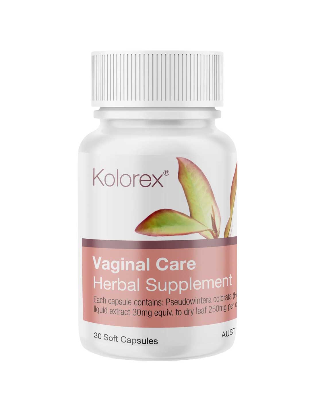A white bottle labeled "Kolorex Vaginal Care Herbal Supplement 30 caps," featuring a plant image. This supplement is specially formulated with Horopito to support optimal vaginal health.