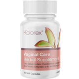 A white bottle labeled "Kolorex Vaginal Care Herbal Supplement 30 caps," featuring a plant image. This supplement is specially formulated with Horopito to support optimal vaginal health.