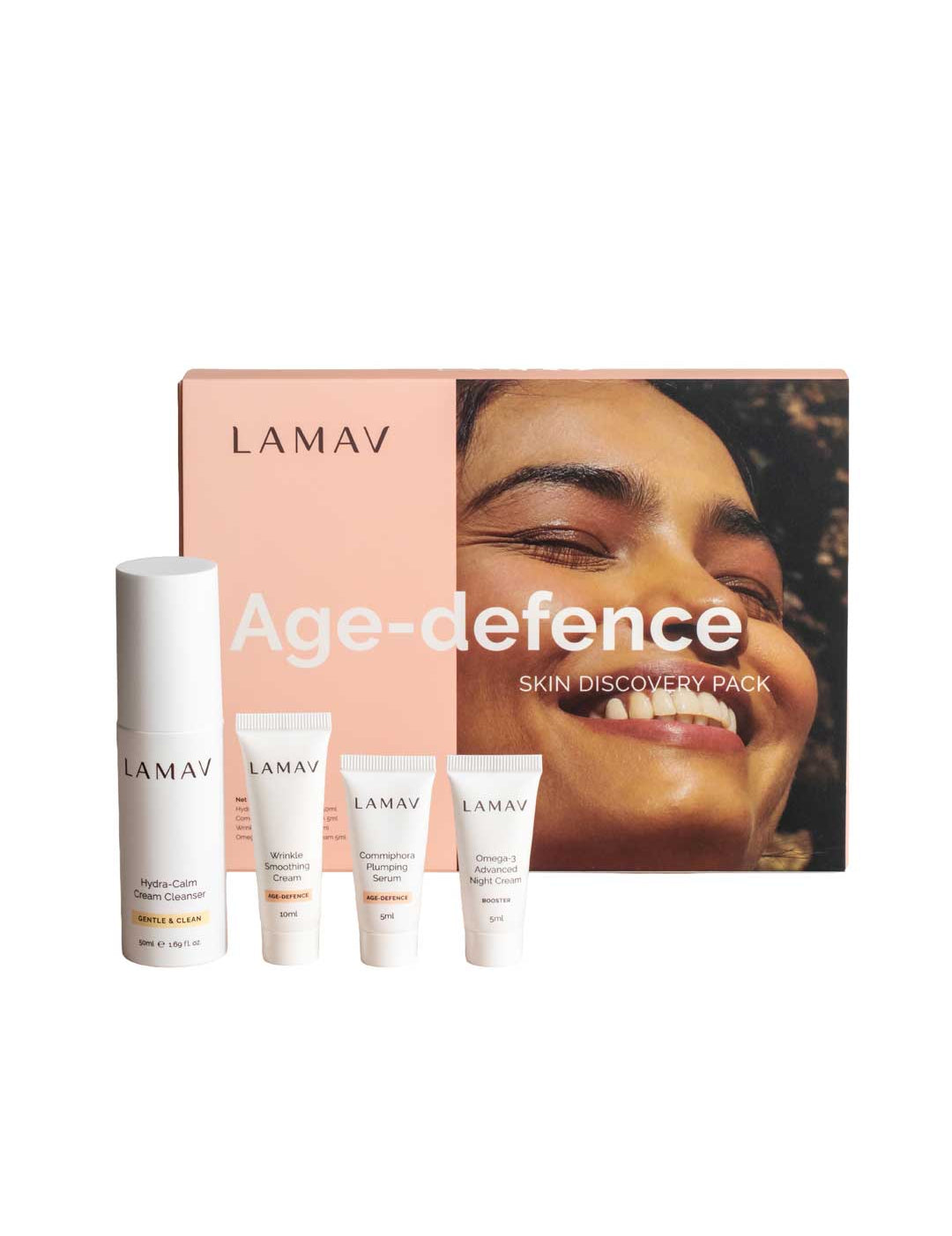 The LAMAV Age-Defence Skin Discovery Pack (4 Pack) includes four organic skincare products in white containers, presented with a branded box—ideal for your anti-ageing routine.
