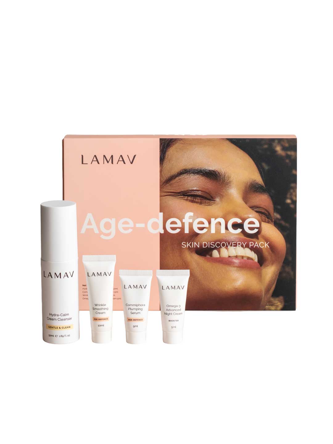 The LAMAV Age-Defence Skin Discovery Pack (4 Pack) includes four organic skincare products in white containers, presented with a branded box—ideal for your anti-ageing routine.
