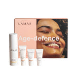 The LAMAV Age-Defence Skin Discovery Pack (4 Pack) includes four organic skincare products in white containers, presented with a branded box—ideal for your anti-ageing routine.
