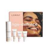 The LAMAV Age-Defence Skin Discovery Pack (4 Pack) includes four organic skincare products in white containers, presented with a branded box—ideal for your anti-ageing routine.