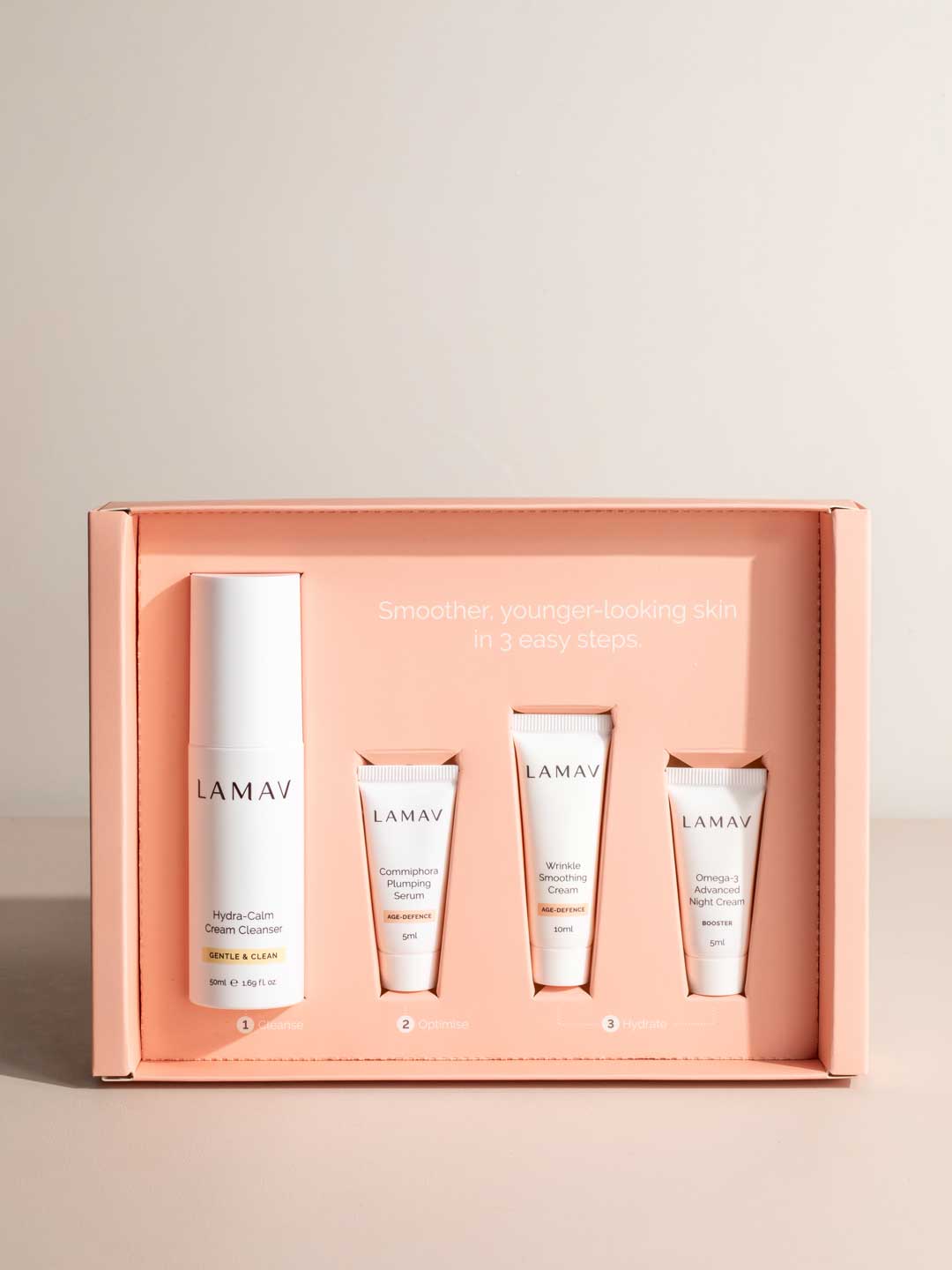The LAMAV Age-Defence Skin Discovery Pack (4 Pack) includes four organic age-defence products for smoother, younger-looking skin in 3 simple steps.