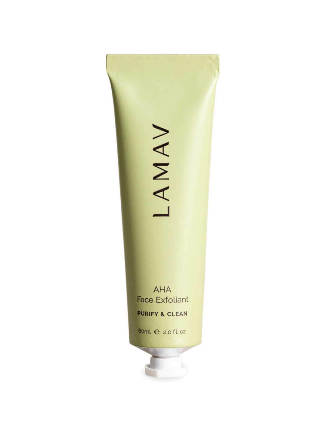 A light green tube of LAMAV AHA Face Exfoliant 60ml stands upright with a white cap, featuring "Purify & Clean" in black text—perfect for chemical exfoliation in your organic skincare routine.