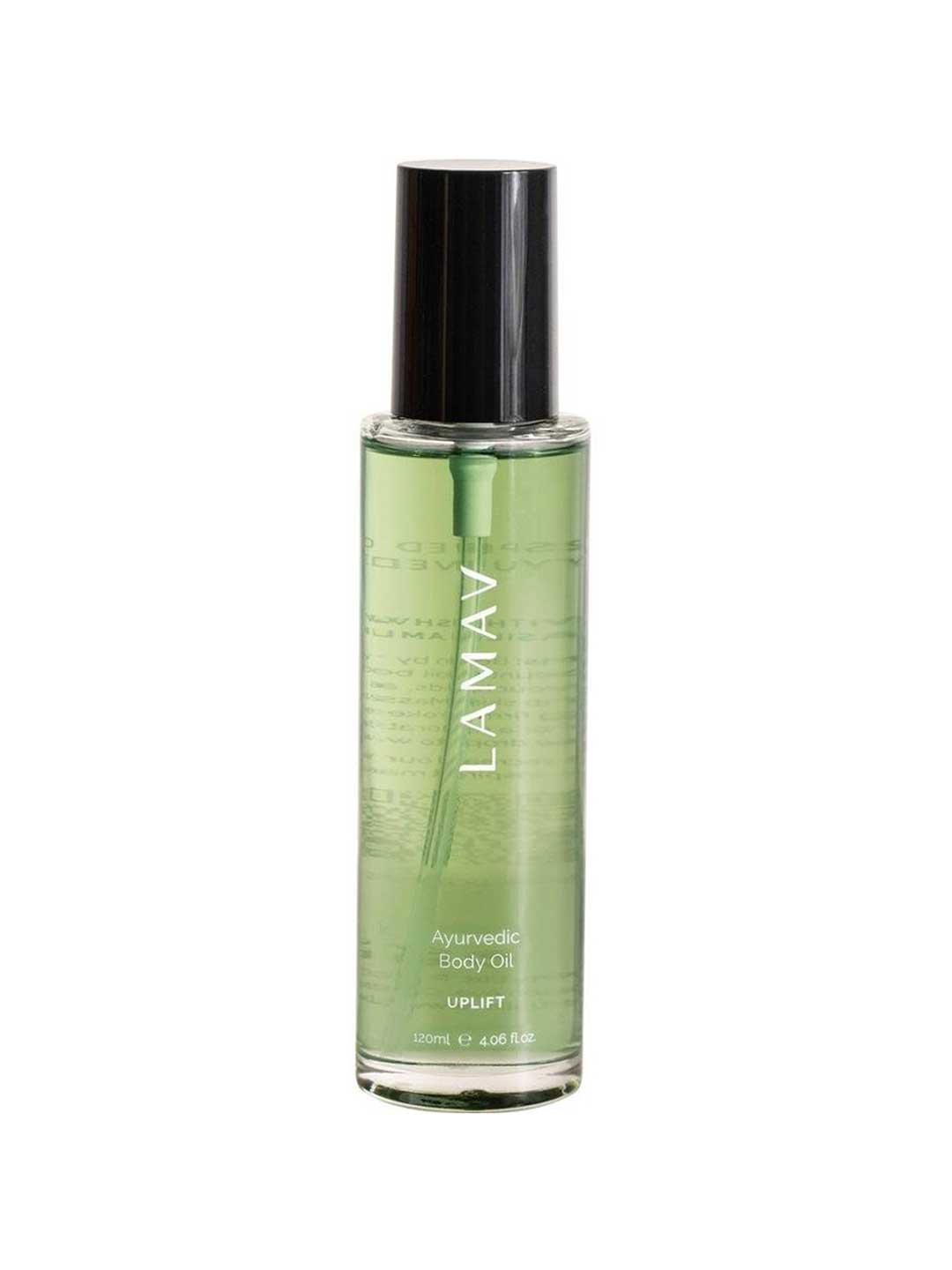 A clear bottle of LAMAV Ayurvedic Body Oil Uplift 120ml with green liquid, a white label reading “UPLIFT,” and black cap stands upright on a white background, highlighting its mood-boosting benefits (120ml e 4.06 fl.oz).