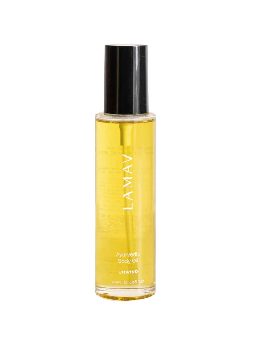 A clear bottle of LAMAV AYURVEDIC Body Oil Unwind 120ml with a black cap and yellow oil inside is shown on a white background—ideal as a relaxing self-care oil.