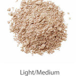 A pile of loose, light beige LAMAV Anti Ageing Mineral Foundation SPF 15 sits on a white background with the label Light/Medium below.