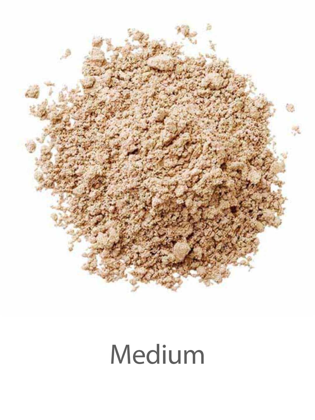 A loose pile of LAMAV Anti Ageing Mineral Foundation SPF 15 (8g) in light brown is displayed against a white background. The word "Medium" appears below, indicating the shade of this mineral foundation.