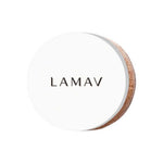 A round, white lid with LAMAV in bold black letters at the center, edged in rose gold, belongs to the LAMAV Anti Ageing Mineral Foundation SPF 15.