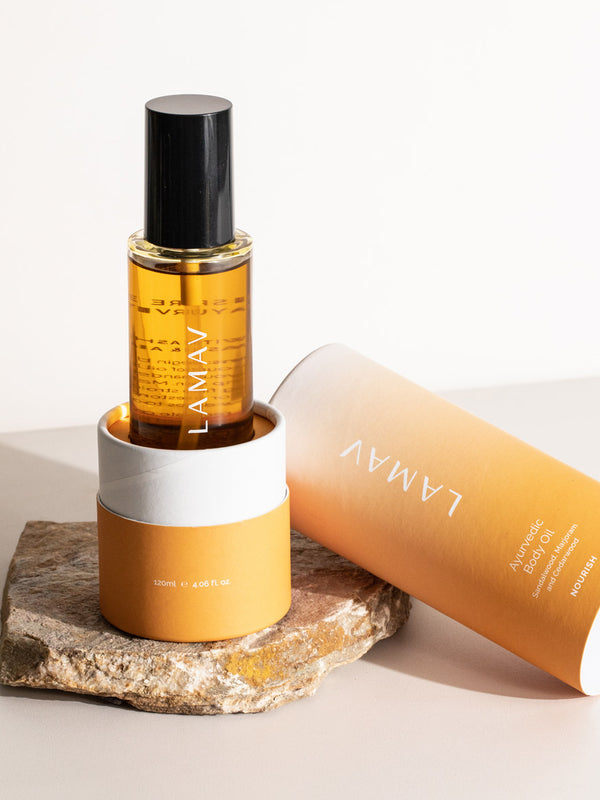 LAMAV Ayurvedic Body Oil Nourish with packaging