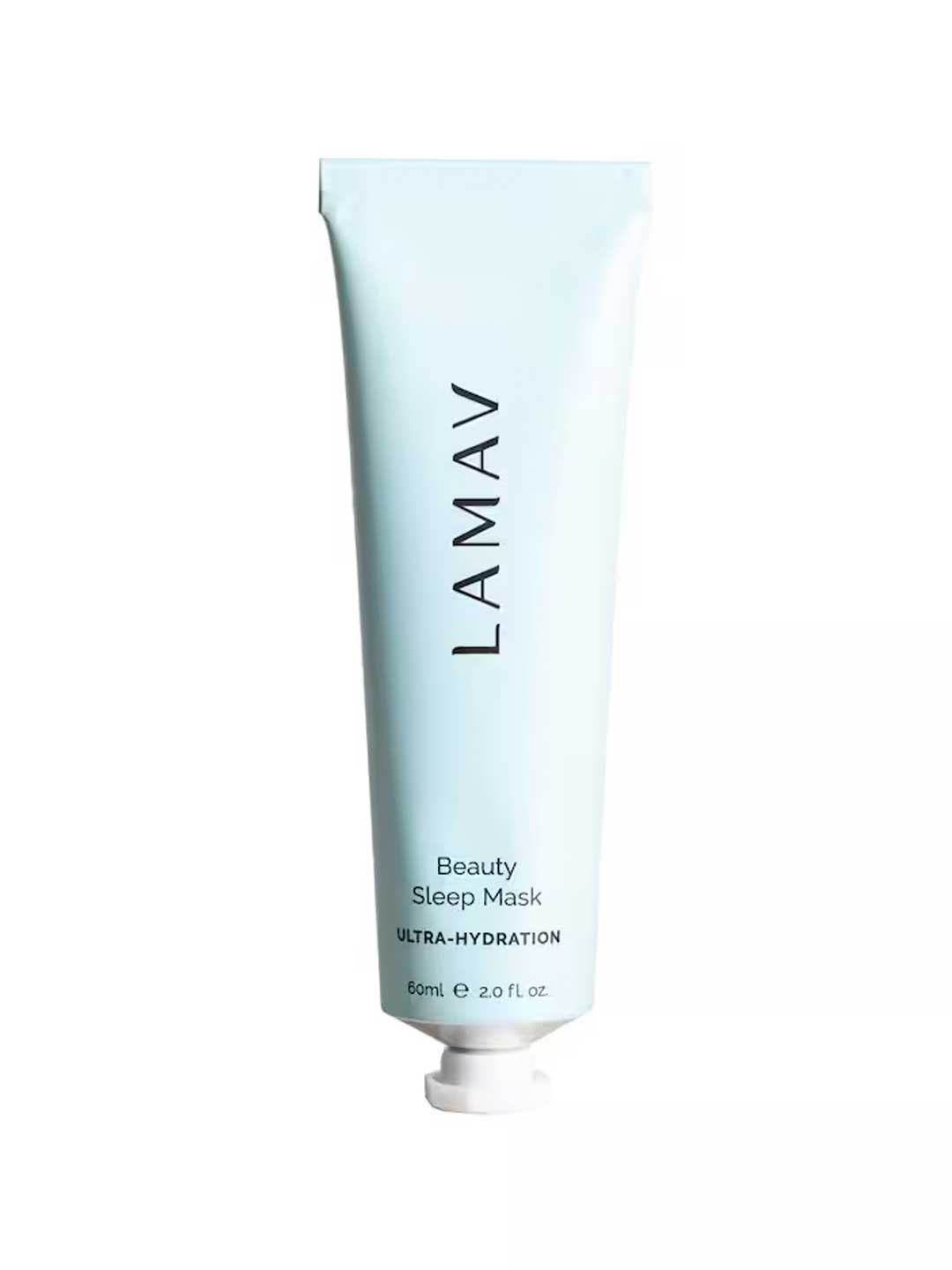 A 60ml light blue tube of LAMAV Beauty Sleep Mask with the cap at the bottom, featuring Australian botanicals and hyaluronic acid for ultra-hydration as an overnight treatment.