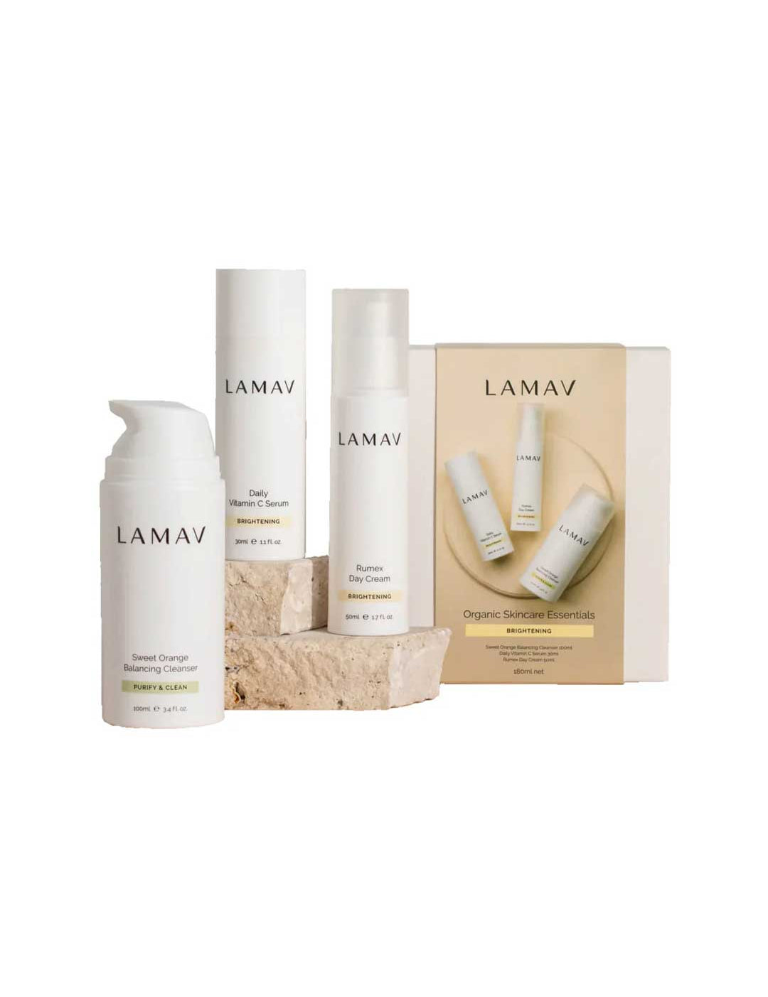 LAMAV’s Brightening Skin Discovery Pack (3 Pack) is displayed on a white background, featuring three skincare essentials from the LAMAV brand.