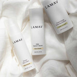 The LAMAV Brightening Skin Discovery Pack (3 Pack) is displayed on soft fabric, highlighting LAMAV’s organic brightening skincare for radiant skin and effective pigmentation treatment.