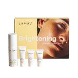 LAMAV Brightening Skin Discovery Pack (4 Pack) includes four organic skincare products and comes in a box featuring a woman’s face and the pack name—ideal for your brightening skincare routine.