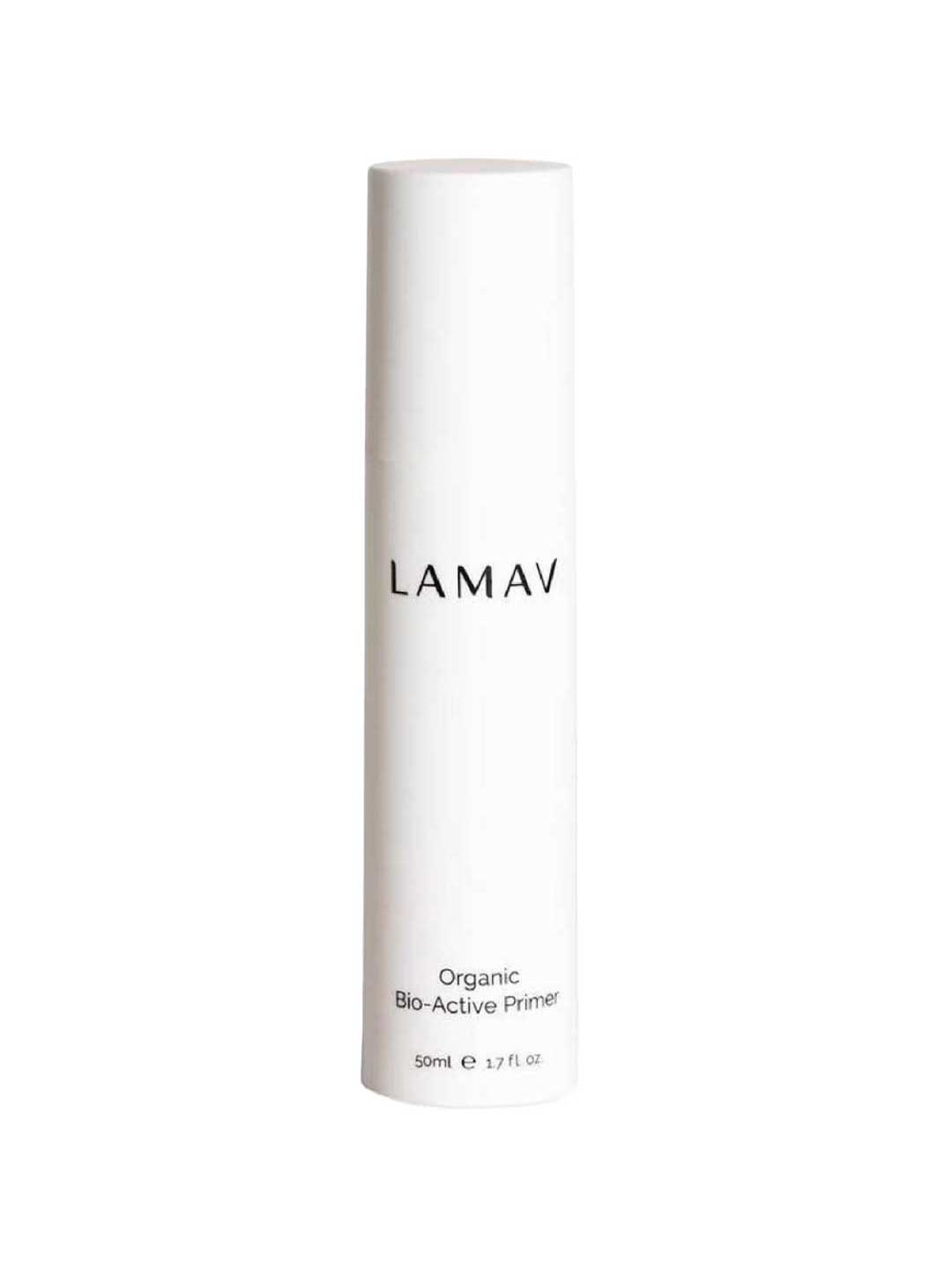A white cylindrical 50ml bottle labeled LAMAV features "Certified Organic Bio-Active Primer" and contains a luxurious, hydrating primer designed to create a long-lasting, flawless base.