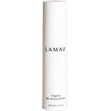 A white cylindrical 50ml bottle labeled LAMAV features "Certified Organic Bio-Active Primer" and contains a luxurious, hydrating primer designed to create a long-lasting, flawless base.