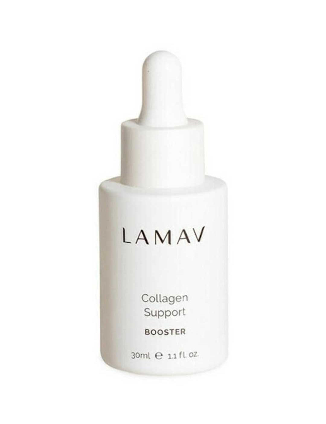 A 30ml white dropper bottle labeled LAMAV Collagen Support Booster, a collagen-boosting serum for anti-ageing and organic skincare, shown against a plain white background.