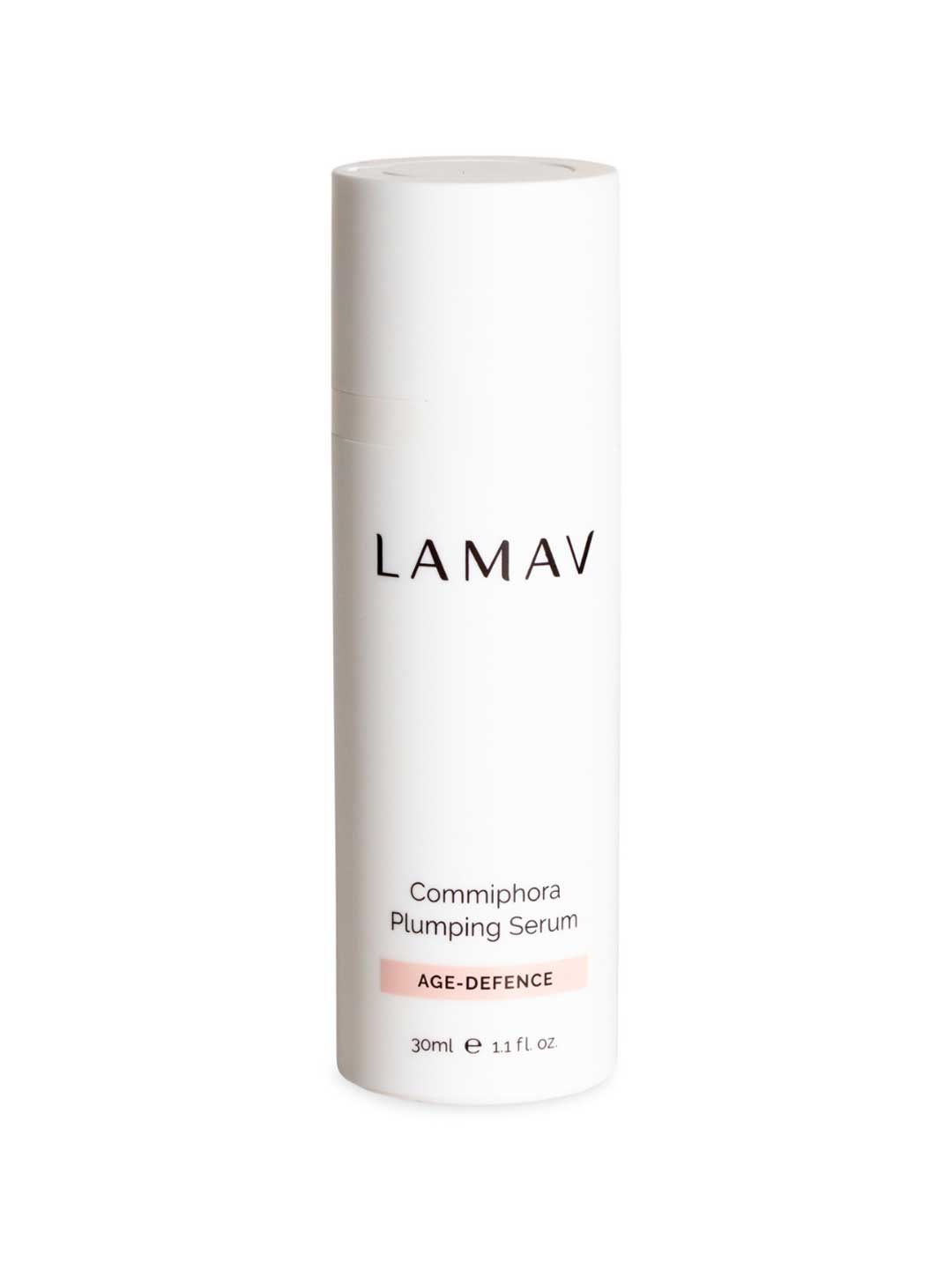A white cylindrical bottle labeled LAMAV Commiphora Plumping Serum 30ml stands against a white background—an anti-ageing serum formulated to boost collagen and improve skin elasticity.