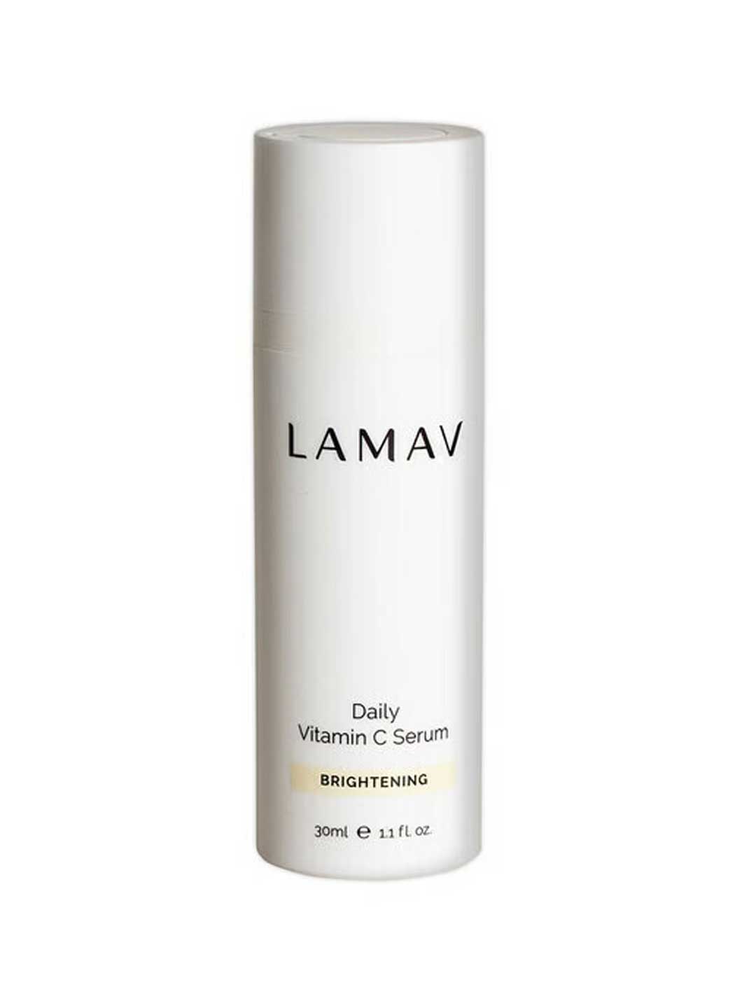 A white cylindrical bottle labeled LAMAV Daily Vitamin C Serum 30ml features minimal black and gold text—a perfect choice for those seeking an organic brightening serum for pigmentation treatment.