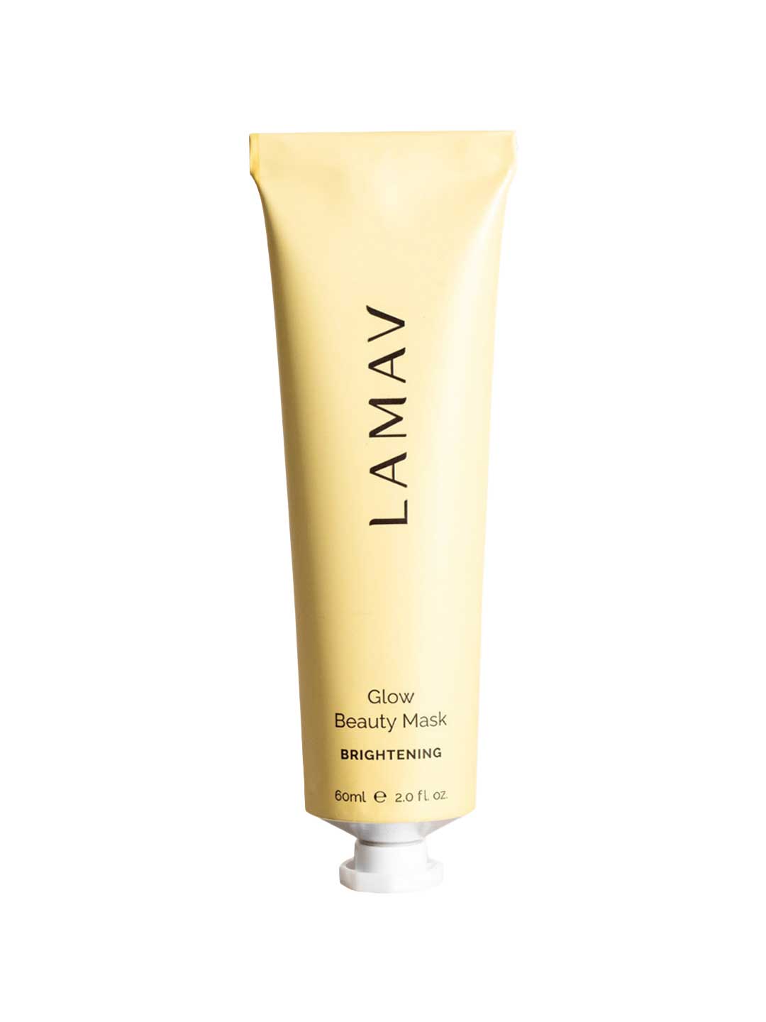 A yellow tube labeled LAMAV Glow Beauty Mask 60ml, with a white cap and containing organic skincare, stands upright against a white background.