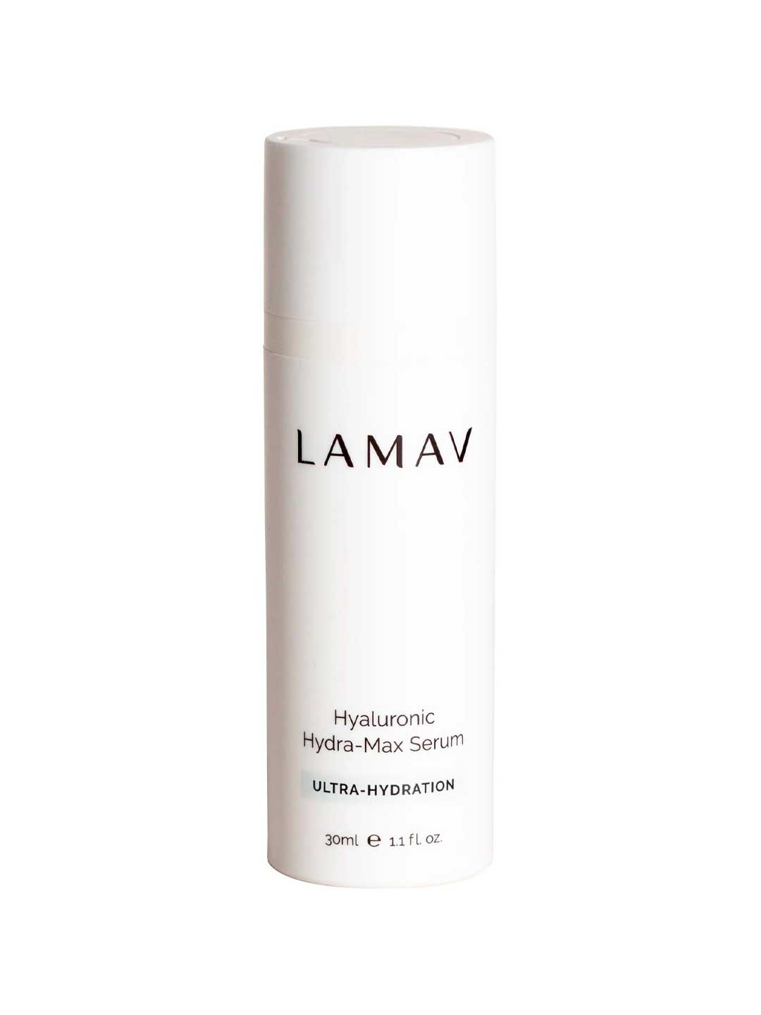 A 30ml white cylindrical bottle of LAMAV Hyaluronic Hydra-Max Serum, a hydrating serum for ultra-hydration and anti-ageing benefits.