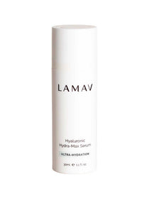 A 30ml white bottle of LAMAV Hyaluronic Hydra-Max Serum, an ultra-hydrating anti-ageing serum by LAMAV, features black text and a minimalist design on a plain background.