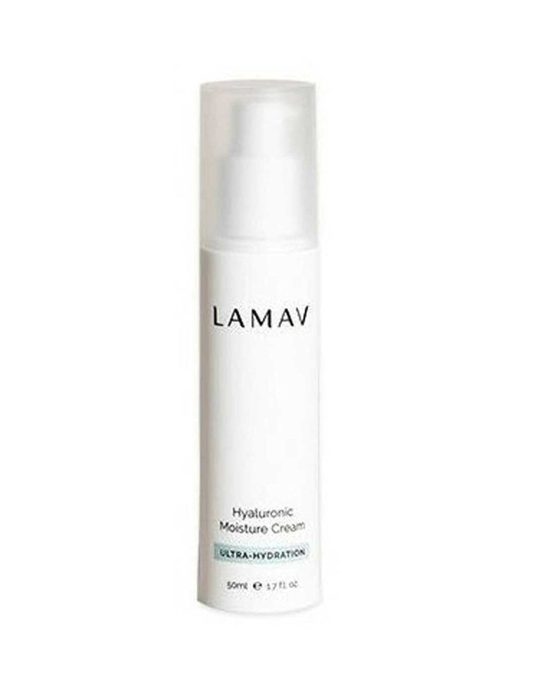 LAMAV Hyaluronic Moisture Cream 50ml comes in a white pump bottle with black text and a blue Ultra-Hydration label. This hyaluronic acid moisturiser hydrates skin for a plump, glowing look.