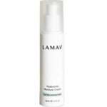 The LAMAV Hyaluronic Moisture Cream is an organic moisturiser in a white bottle with a pump dispenser, clear plastic cap, and simple black and blue label text, designed to hydrate skin for a plump glow.
