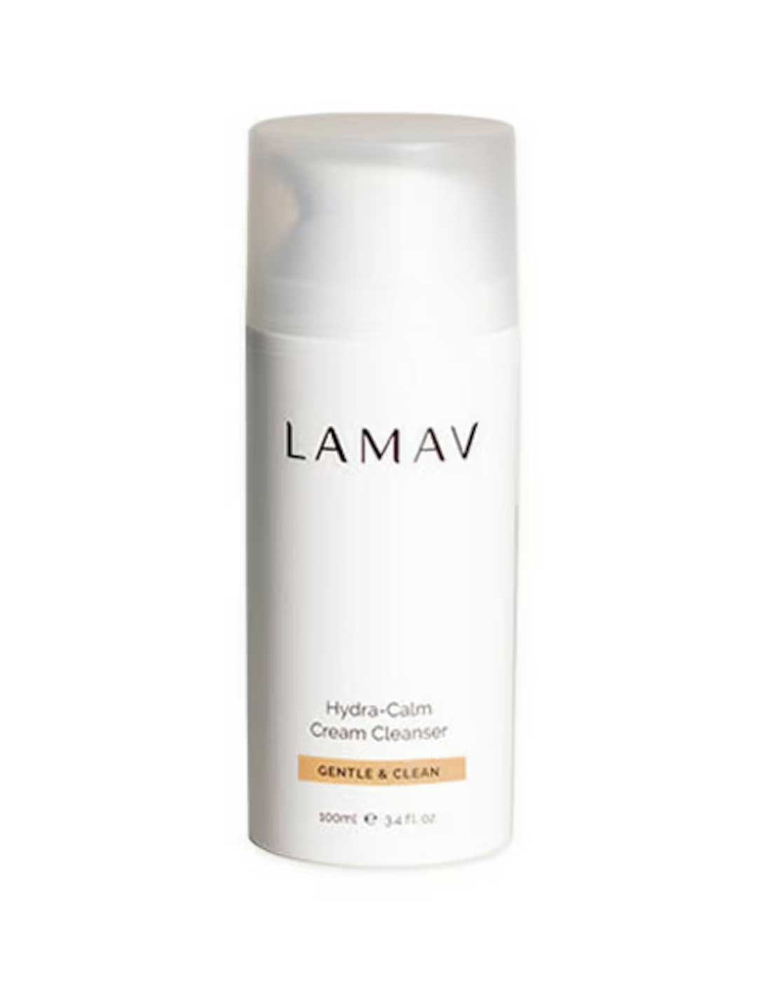 A white bottle of LAMAV Hydra-Calm Cream Cleanser 100ml with a pump dispenser. Certified organic and gentle, it's formulated for sensitive skin and features the text “Gentle & Clean” in a tan box on the label.