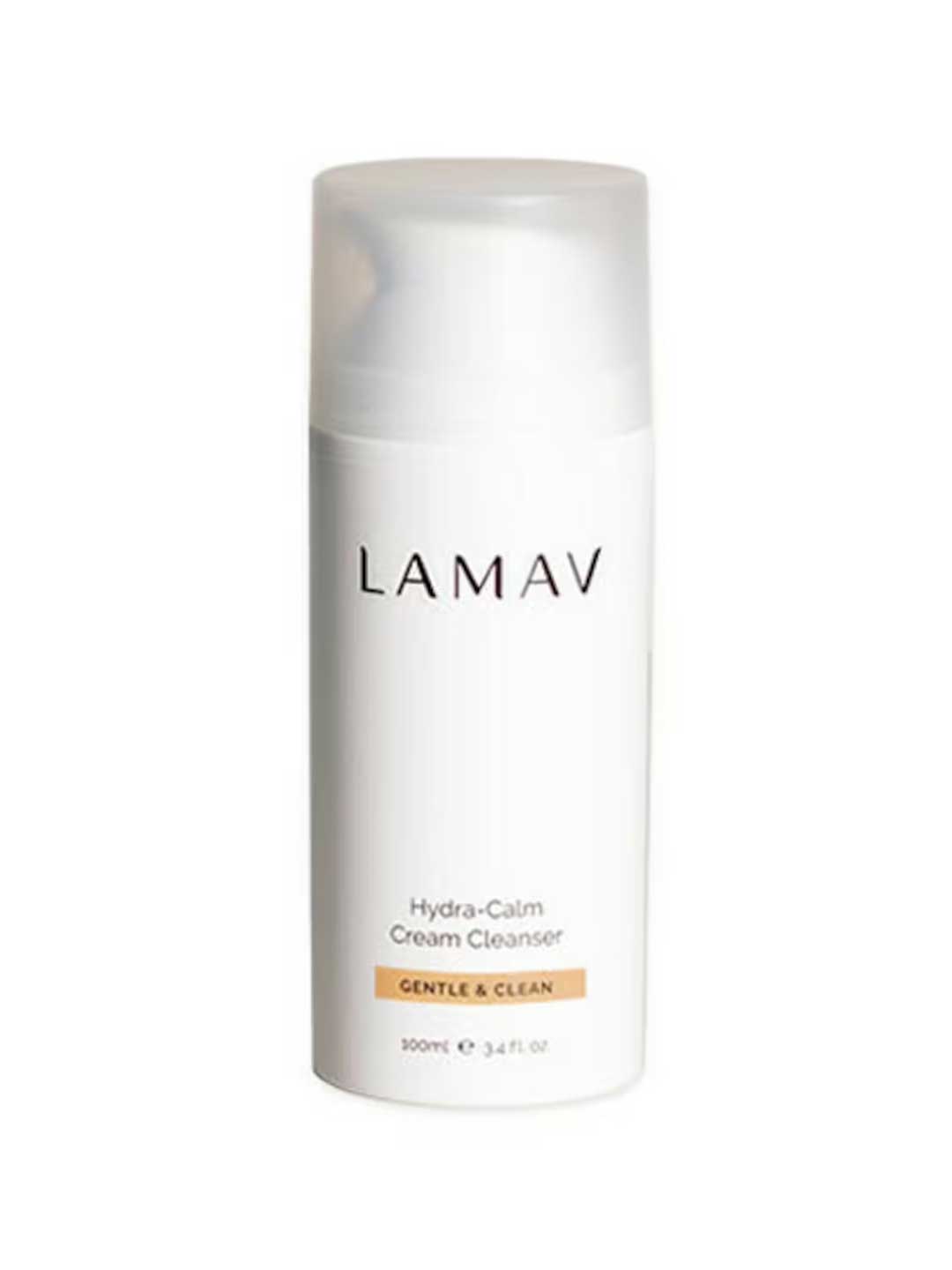 A white bottle of LAMAV Hydra-Calm Cream Cleanser 100ml with a pump dispenser. Certified organic and gentle, it's formulated for sensitive skin and features the text “Gentle & Clean” in a tan box on the label.