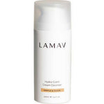 A white bottle of LAMAV Hydra-Calm Cream Cleanser 100ml with a pump dispenser. Certified organic and gentle, it's formulated for sensitive skin and features the text “Gentle & Clean” in a tan box on the label.