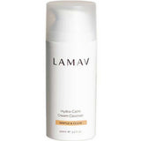 A white bottle of LAMAV Hydra-Calm Cream Cleanser 100ml with a pump dispenser. Certified organic and gentle, it's formulated for sensitive skin and features the text “Gentle & Clean” in a tan box on the label.