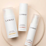 The LAMAV Age-Defence Skin Discovery Pack (3 Pack) is arranged on a light, round beige surface against a neutral background.