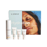 The LAMAV Hydration Skin Discovery Pack (4 Pack) features four hydration skincare products in sleek white tubes and bottles, displayed before a blue box with a woman's face—ideal for starting your organic skincare journey.