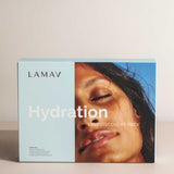 A box of LAMAV Hydration Skin Discovery Pack (4 Pack) displays a close-up of a peaceful woman's face against blue and beige, emphasizing LAMAV’s organic skincare and hyaluronic acid for deep hydration.
